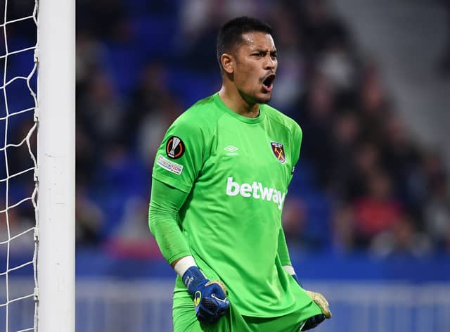 Alphonse Areola of West Ham United reacts during the UEFA Europa League Quarter Final Leg Two match (Photo by Claudio Villa/Getty Images)