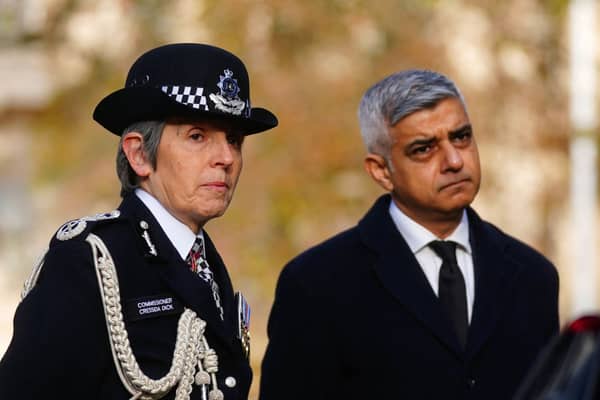 Sadiq Khan, right, with ex Met Police chief Dame Cressida Dick, who quit after the mayor said he no longer had confidence in her following a string of scandals. Credit: VICTORIA JONES/POOL/AFP via Getty Images