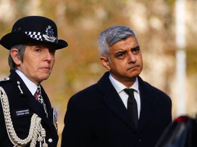 Sadiq Khan, right, with ex Met Police chief Dame Cressida Dick, who quit after the mayor said he no longer had confidence in her following a string of scandals. Credit: VICTORIA JONES/POOL/AFP via Getty Images