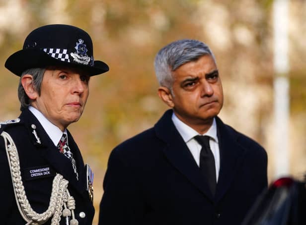 <p>Sadiq Khan, right, with ex Met Police chief Dame Cressida Dick, who quit after the mayor said he no longer had confidence in her following a string of scandals. Credit: VICTORIA JONES/POOL/AFP via Getty Images</p>