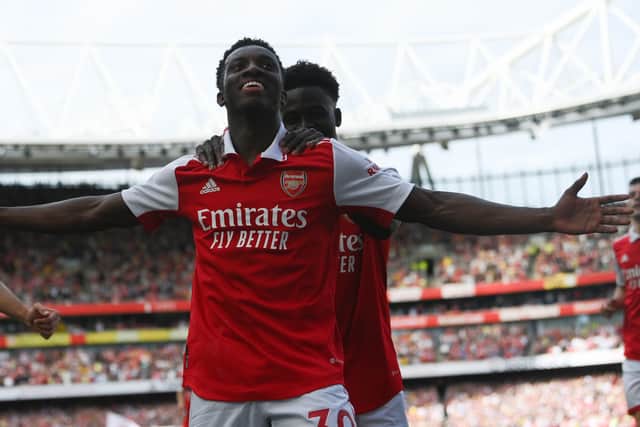 Eddie Nketiah of Arsenal celebrates after scoring the 2nd goal during the Premier League match (Photo by Mike Hewitt/Getty Images)
