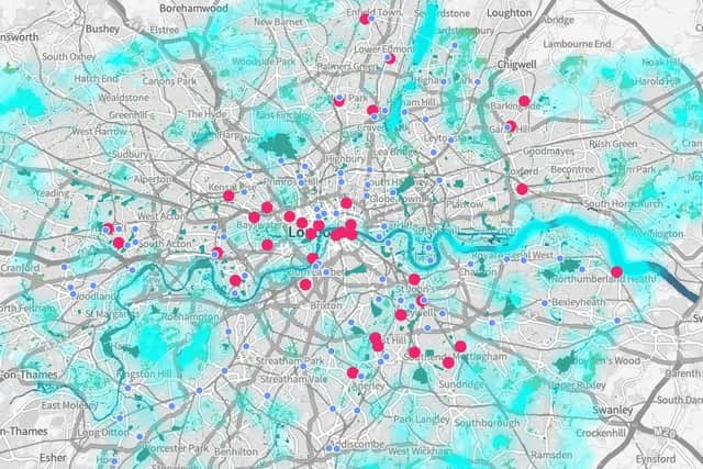 The interactive map put together by City Hall, showing the water refill points (blue dots), indoor cool spaces (red dots), cooler areas (light blue shading). Click through the link for more details. Credit: CityHall