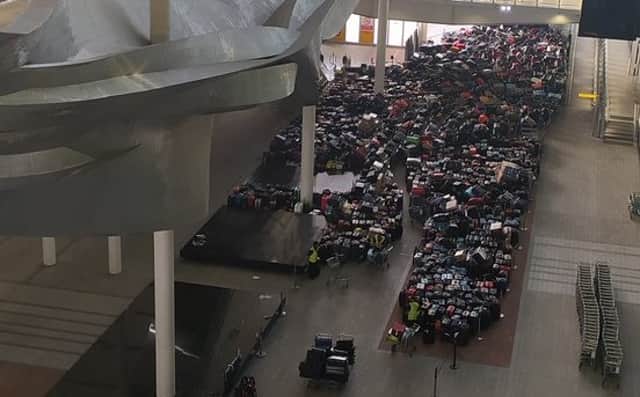 <p>Baggage chaos at Heathrow. Photo: Twitter via You are not a Gadget @etceteria</p>