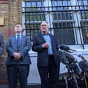 RMT leader Mick Lynch speaking outside the union headquarters. Photo: LW 