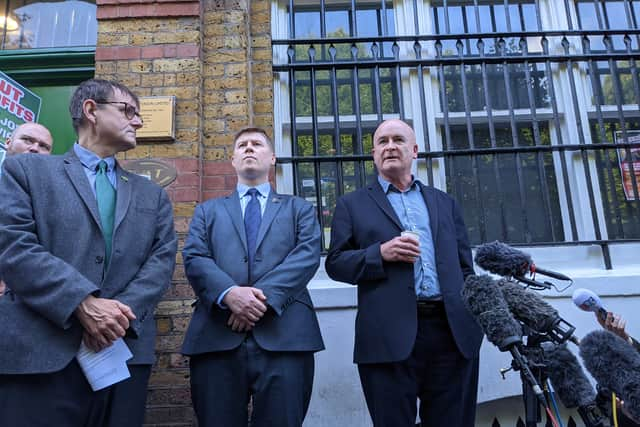 RMT leader Mick Lynch speaking outside union headquarters