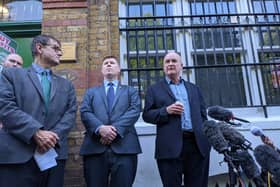 RMT leader Mick Lynch speaking outside the union headquarters. Photo: LW 