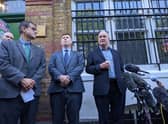 RMT leader Mick Lynch speaking outside the union headquarters. Photo: LW 
