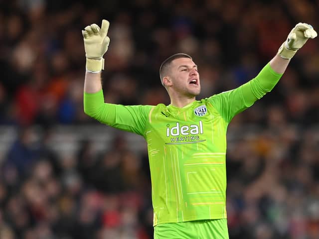 WBA goalkeeper  Sam Johnstone celebrates the West Brom goal during the Sky Bet  (Photo by Stu Forster/Getty Images)