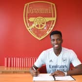  Eddie Nketiah signs a new Arsenal contract at London Colney on June 18, 2022 (Photo by Stuart MacFarlane/Arsenal FC via Getty Images)