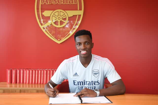  Eddie Nketiah signs a new Arsenal contract at London Colney on June 18, 2022 (Photo by Stuart MacFarlane/Arsenal FC via Getty Images)