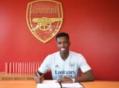  Eddie Nketiah signs a new Arsenal contract at London Colney on June 18, 2022 (Photo by Stuart MacFarlane/Arsenal FC via Getty Images)
