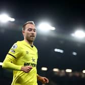 Christian Eriksen of Brentford looks on during the Premier League match between Manchester United  (Photo by Naomi Baker/Getty Images)