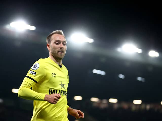 Christian Eriksen of Brentford looks on during the Premier League match between Manchester United  (Photo by Naomi Baker/Getty Images)