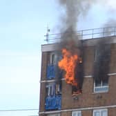 Flames broke out in part of a flat on the 13th floor of the building, on Grantham Road, in Manor Park. Photo:  TJ Stamp @TJStamp