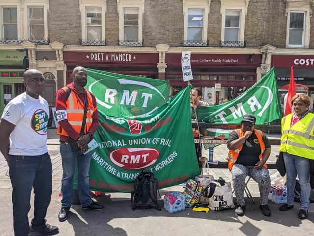 Striking RMT workers at Liverpool Street Station. Photo: LondonWorld