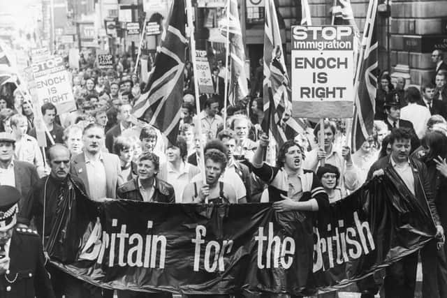 Smithfield meat porters march on the Home Office, bearing a petition which calls for an end to all immigration into Britain, 25th August 1972. (Photo by Keystone/Hulton Archive/Getty Images)