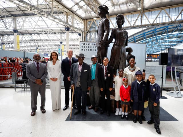 Members of the Windrush generation were joined by the Duke and Duchess of Cambridge to unveil a new national monument at Waterloo station today. (Photo: Getty) 