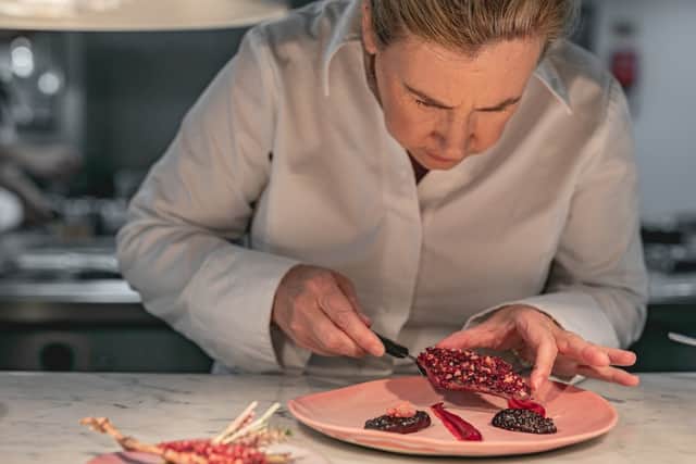 A dish being carefully prepared, at Hélène Darroze at the Connaught. (Credit: The National Restaurant Awards/Hélène Darroze at the Connaught )