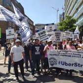 Around 400 Uber drivers attended Uber offices in London for a protest rally and march. Photo: ADCU 