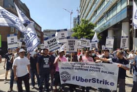Around 400 Uber drivers attended Uber offices in London for a protest rally and march. Photo: ADCU 