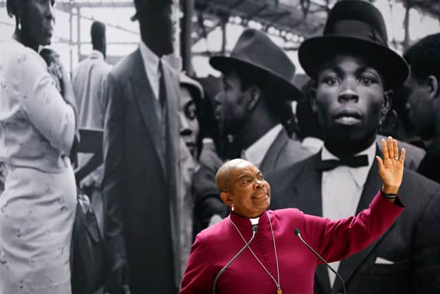 Bishop of Dover Rose Hudson-Wilkin speaks during the unveiling of the National Windrush Monument. Photo: Getty