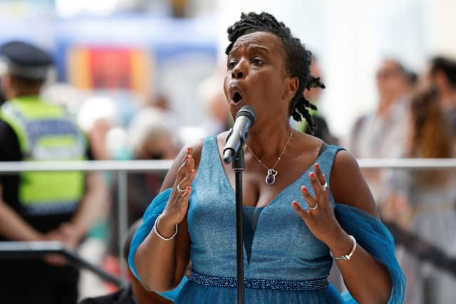 British soprano Nadine Benjamin performs during the unveiling of the National Windrush Monument. Photo: Getty