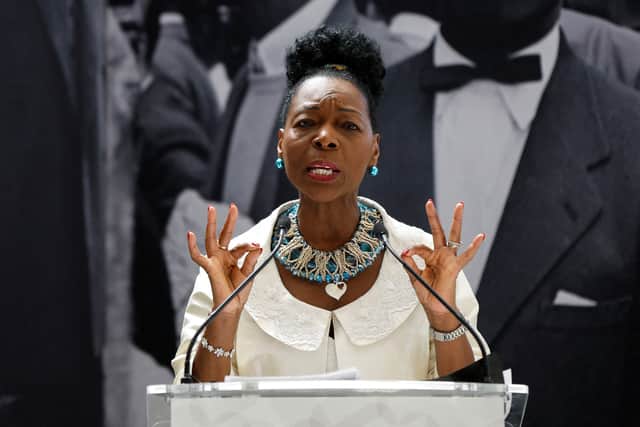 Baroness Floella Benjamin speaks before the unveiling of the National Windrush Monument at Waterloo Station. Photo: Getty