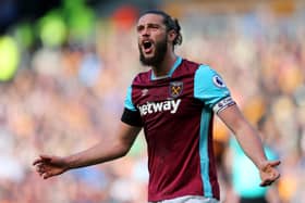 Andy Carroll of West Ham United reacts during the Premier League match. (Photo by Alex Morton/Getty Images)