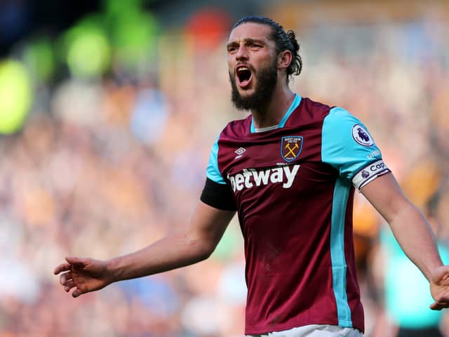 Andy Carroll of West Ham United reacts during the Premier League match. (Photo by Alex Morton/Getty Images)