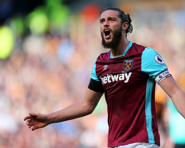 Andy Carroll of West Ham United reacts during the Premier League match. (Photo by Alex Morton/Getty Images)