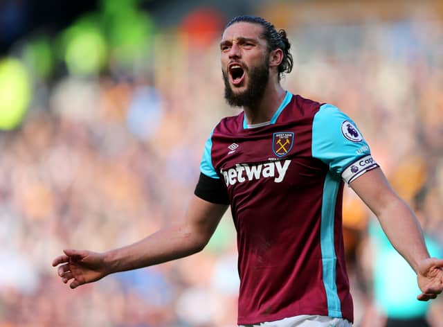 Andy Carroll of West Ham United reacts during the Premier League match. (Photo by Alex Morton/Getty Images)