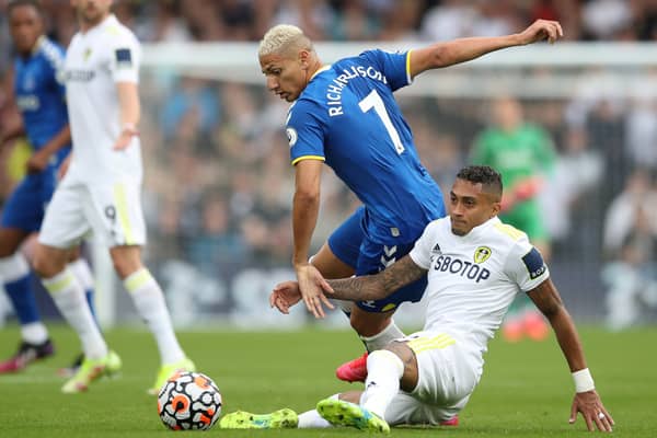 Everton forward Richarlison challenges Leeds’ Raphinha. Picture: Jan Kruger/Getty Images