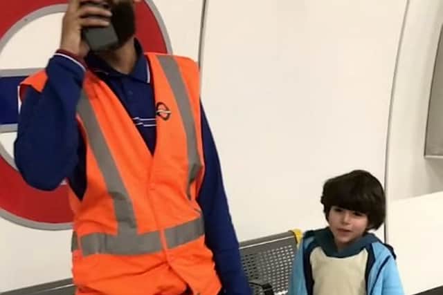 Footage shows five-year-old Sami Sementilli alongside the London Underground worker as they prepare to announce the arrival of a train. Credit: Ifat Batul Sementilli / SWNS
