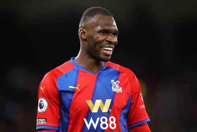 Christian Benteke of Crystal Palace smiles during the Premier League match  (Photo by Alex Pantling/Getty Images)