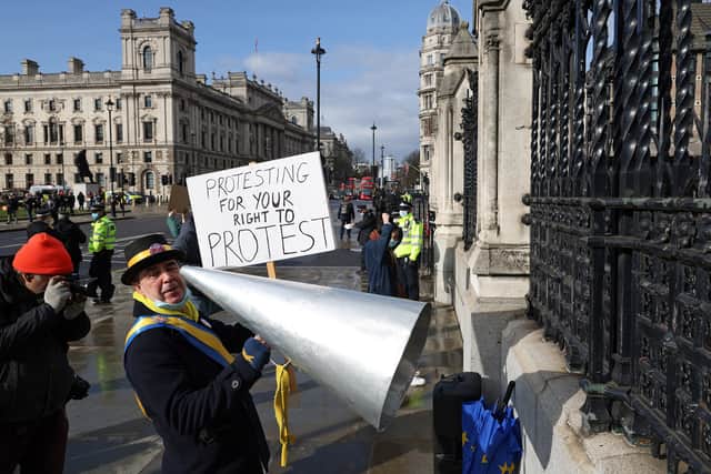 Anti-Brexit activist Steve Bray joins protestors to demonstrate against the Police, Crime, Sentencing and Courts Bill. Photo: Getty