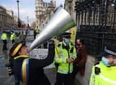 Anti-Brexit activist Steve Bray joins protestors to demonstrate against the Police, Crime, Sentencing and Courts Bill. Photo: Getty