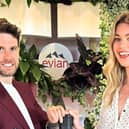 Joel Dommett and Hannah Cooper attend the Evian VIP Suite, at Wimbledon. (Photo by David M. Benett/Dave Benett/Getty Images for Evian)