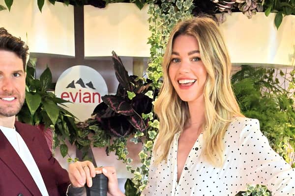 Joel Dommett and Hannah Cooper attend the Evian VIP Suite, at Wimbledon. (Photo by David M. Benett/Dave Benett/Getty Images for Evian)