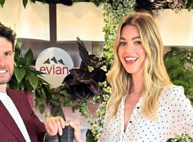 Joel Dommett and Hannah Cooper attend the Evian VIP Suite, at Wimbledon. (Photo by David M. Benett/Dave Benett/Getty Images for Evian)