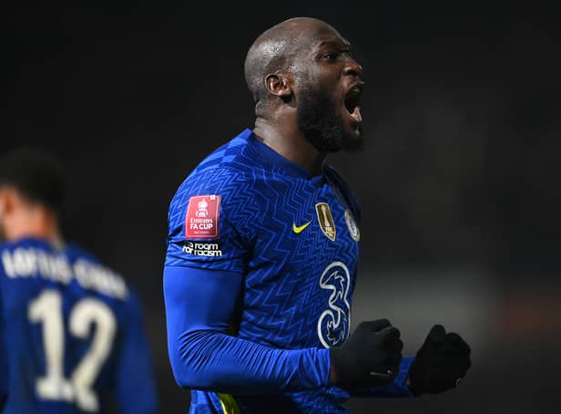 <p>Romelu Lukaku of Chelsea celebrates after scoring their team's third goal during the Emirates FA  (Photo by Michael Regan/Getty Images)</p>