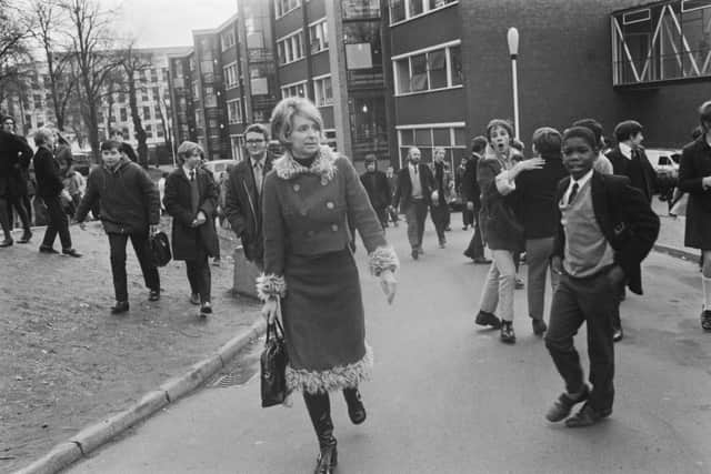 Caroline Benn, wife of Tony Benn, outside Holland Park School. Their children were some of the many kids of politicians who studied at the school. Credit: Evening Standard/Hulton Archive/Getty Images