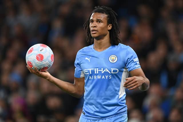 Nathan Ake of Manchester City prepares to take a throwing during the Premier League match (Photo by Shaun Botterill/Getty Images)
