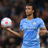   Nathan Ake of Manchester City prepares to take a throwing during the Premier League match  (Photo by Shaun Botterill/Getty Images)
