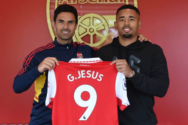 Arsenal manager Mikel Arteta with new signing Gabriel Jesus at London Colney. Credit: Stuart MacFarlane/Arsenal FC via Getty Images