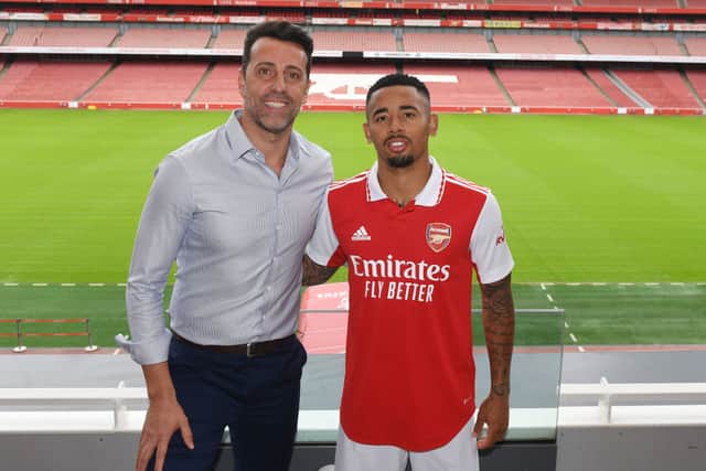 Gabriel Jesus with Director of Football Edu. Credit: Stuart MacFarlane/Arsenal FC via Getty Images