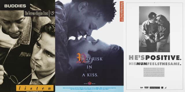 Some of the charity’s posters from its archives aiming to reduce the stigma surrounding HIV. Credit: Terrence Higgins Trust