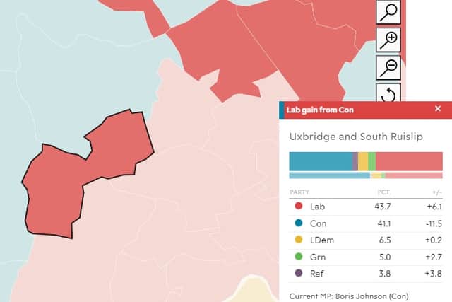 The Britain Predicts model for Boris Johnson’s constituency of Uxbridge and South Ruislip. Credit: Britain Elects/New Statesman