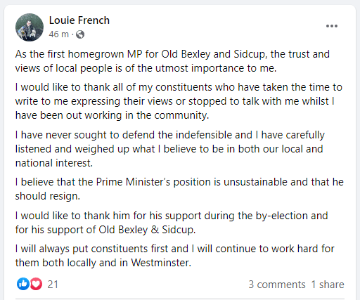 Louie French MP’s statement. Photo: Facebook