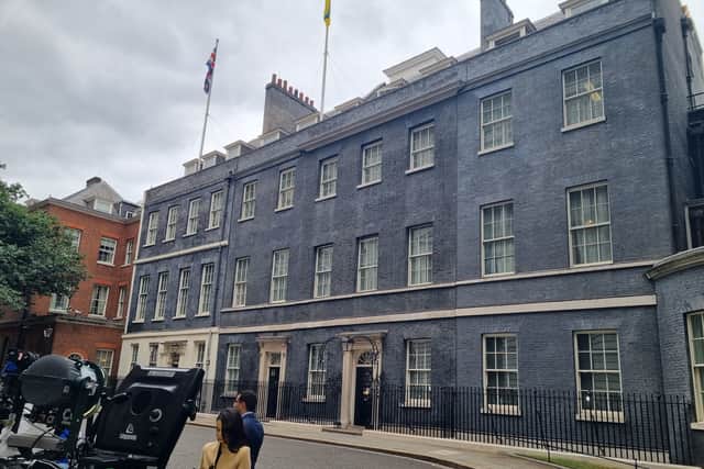 The press pack gathered outside No10. Photo: LW