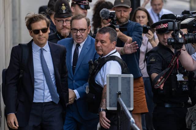Actor Kevin Spacey (centre) arrives at the Central Criminal Court on July 14, 2022. Photo: Getty